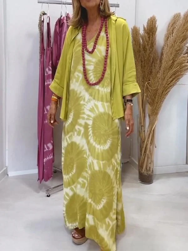 Women's Casual V-neck Sleeveless Dress with Cardigan Two-piece Suit